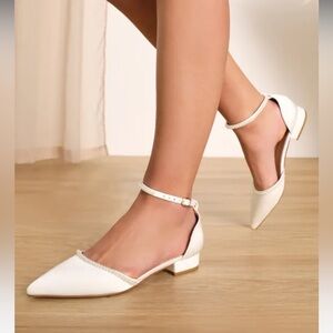 Phoebee White Satin Pearl Pointed-Toe Ankle Strap Flats size 10 Lulus